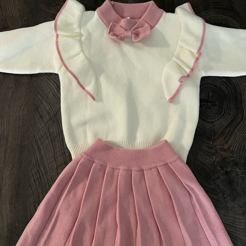 White and Pink Ruffle Sweater and matching skirt set